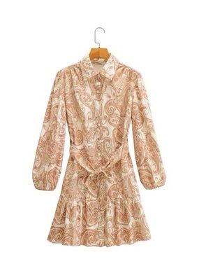 Karlie Paisley Tie-Waist Long Sleeve Shirt Dress in Beige
